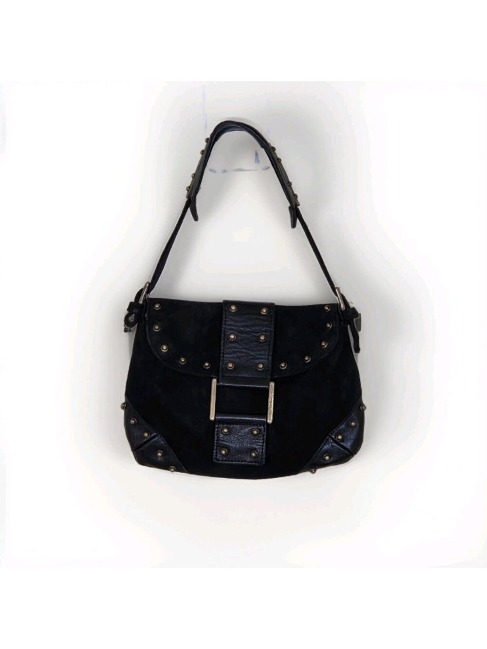 Zara Black Suede Brass Studs Small Shoulder Bag Y2K Boho Leather Trim Spain Made